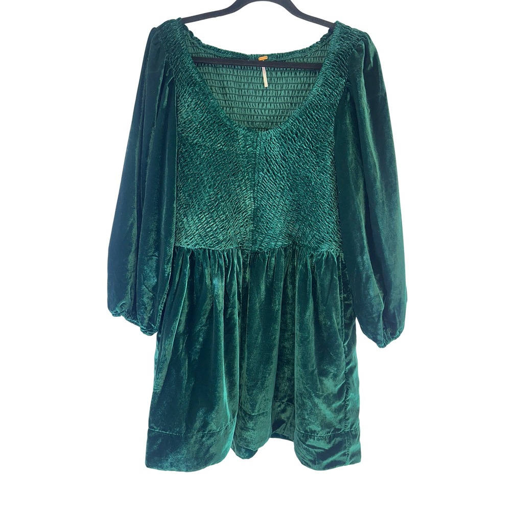 Free People Farrier Velvet Mini Dress Green Boho Smocked Pockets OB2138008 Large
